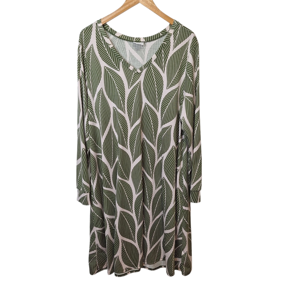 LuLaRoe Womens 2XL A Line Dress Cream Green Leaf‎ Pattern Long Sleeves Pockets